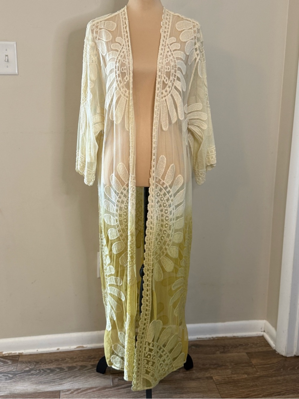 Swimwear coverup maxi length floral sheer lace yellow hombre OS